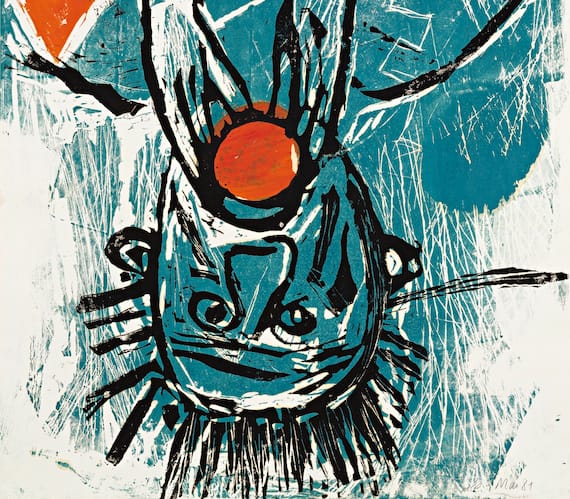 Georg Baselitz, Orangenesser V (Mangiatore d’arance V), 1981 - 1984, linoleografia, Collezione privata. Foto: Jochen Littkemann © Georg Baselitz 2026