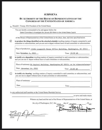 La commissione che indaga sull’assalto al Capitol del 6 gennaio 2021 ha inviato formalmente a Donald Trump un mandato di comparizione per una testimonianza giurata entro il 14 novembre e la consegna di documenti entro il 4 novembre