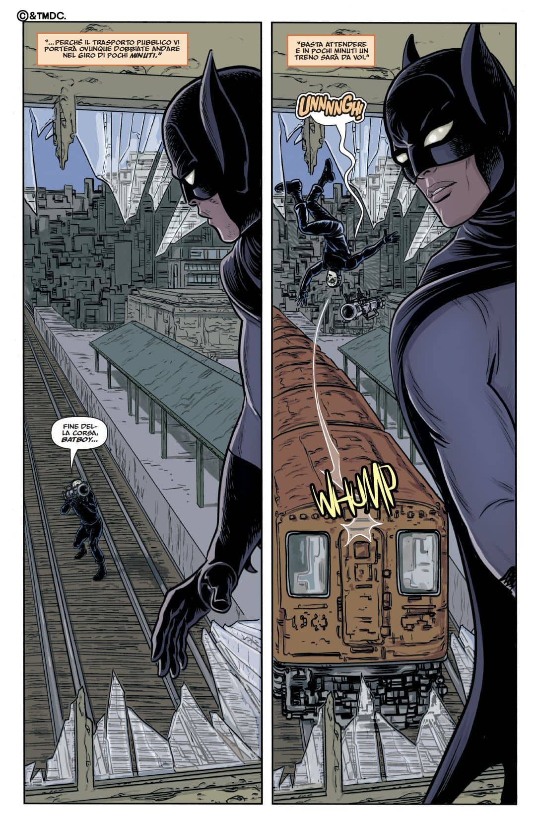 Una tavola tratta da Batman: L'Era Oscura di Mark Russell e Mike Allred (Panini Comics DC) Una tavola tratta da Batman: L'Era Oscura di Mark Russell e Mike Allred (Panini Comics DC)