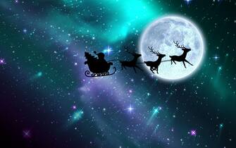 Composition of santa claus in sleigh with reindeer over stars and moon