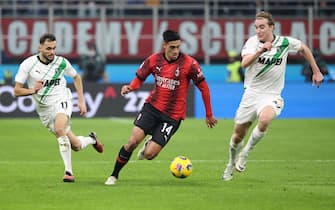AC Milan’s Tijani Reijnders (C) challenges for the ball with Sassuolo's Nedim Bajrami (L) and his teammate  Kristian Thorstvedt during the Italian serie A soccer match between AC Milan and Sassuolo at Giuseppe Meazza stadium in Milan, 30 December 2023.
ANSA / MATTEO BAZZI