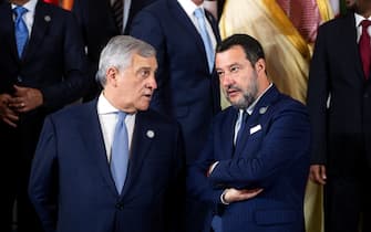 The Minister of Foreign Affairs Antonio Tajani (L) and the Minister of Infrastructure and Transport Matteo Salvini (R) during the International Conference on Development and Migration at the Farnesina, Rome, 23 July 2023. ANSA/ANGELO CARCONI