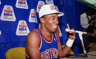INGLEWOOD, CA - JUNE 13: Isiah Thomas #11 of the Detroit Pistons speaks to the media after defeating the Los Angeles Lakers in four games to win the NBA Championship on June 13, 1989 at Great Western Forum in Inglewood, California . NOTE TO USER: User expressly acknowledges and agrees that, by downloading and/or using this photograph, user is consenting to the terms and conditions of the Getty Images License Agreement.  Mandatory Copyright Notice: Copyright 1989 NBAE (Photo by Nathaniel S. Butler/NBAE via Getty Images)