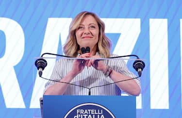 Italian Prime Minister Giorgia Meloni at the headquarters of the Brothers of Italy (Fratelli d'Italia) speaks to journalists about the European Parliament election, in Rome, Italy, 9 June 2024. ANSA/GIUSEPPE LAMI