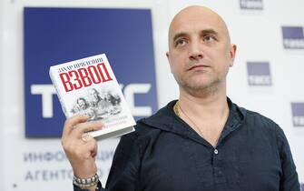 Russian writer Zakhar Prilepin gives a press conference to present his new book "Platoon. Officers and rebels of Russian Literature" in Moscow on February 21, 2017. (Photo by Natalia KOLESNIKOVA / AFP) (Photo by NATALIA KOLESNIKOVA/AFP via Getty Images)