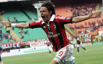 Ac Milan's Italian forward Filippo Inzaghi celebrates after scoring  against Ac Novara at Giuseppe Meazza stadium in Milan, Italy, 13 May 2012. Inzaghi plays his last match for Ac Milan. ANSA / MATTEO BAZZI 