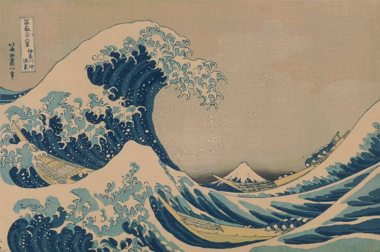 Hokusai Katsushika, La grande onda al largo di Kanagawa della serie Le 36 vedute del monte Fuji, xilografia policroma su carta di gelso, 257x379 mm, seconda metà XIX, collezione privata