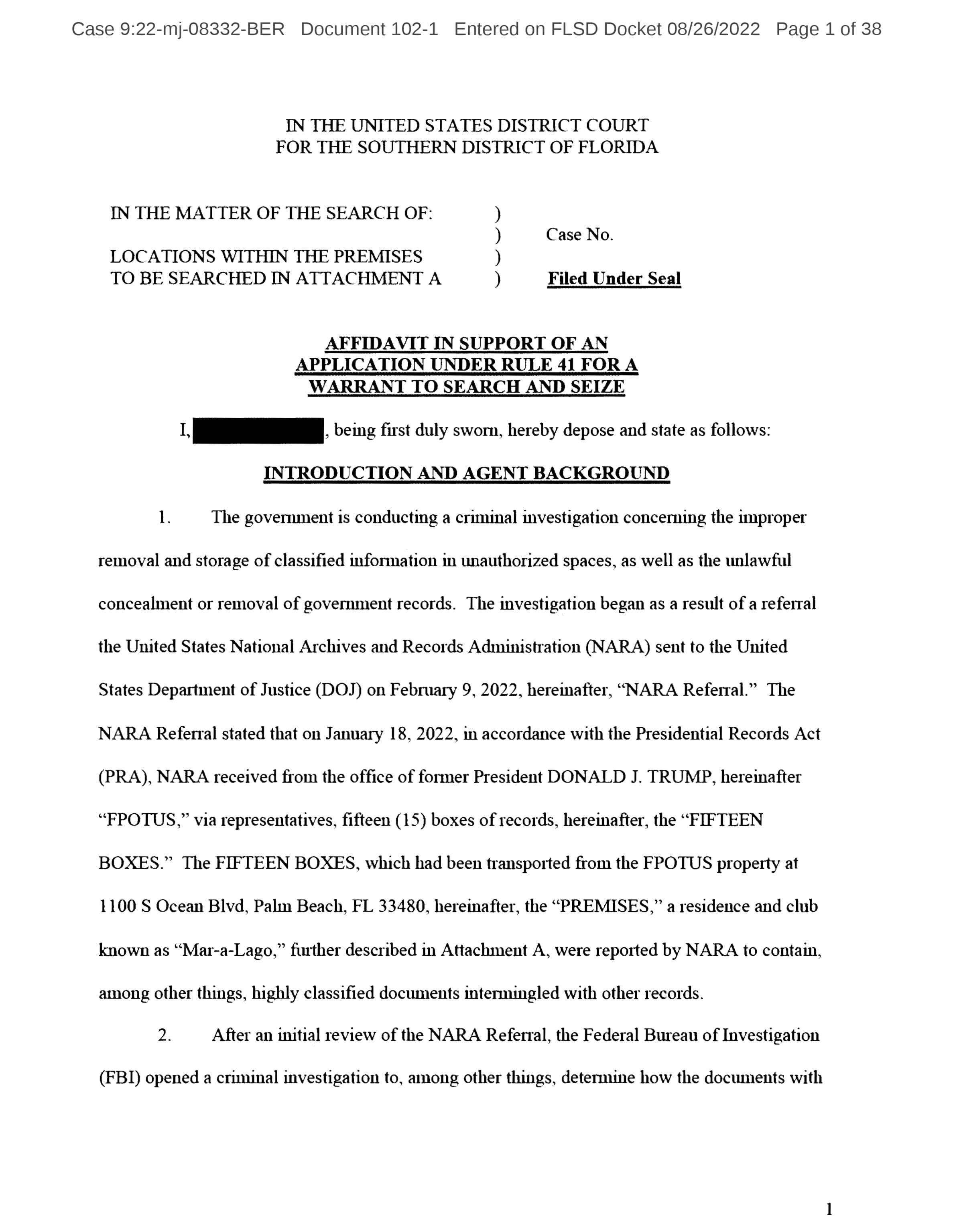 epa10140163 One of the pages of the redacted affidavit the Department of Justice used to search former President Donald Trump s Mar-a-Lago home in Florida, USA, 26 August 2022. The affidavit is 38 pages long and contains numerous redactions.  EPA/JIM LO SCALZO