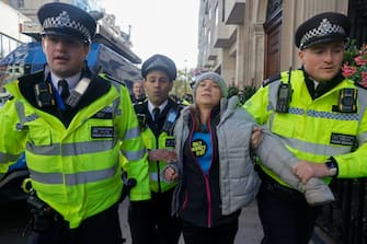 Greta Thunberg, climate activist, is arrested during a protest organised by Fossil Free London outside the venue of the Energy Intelligence Forum in London, UK, on Tuesday, Oct. 17, 2023. Anti fossil-fuel protesters led byÂ ThunbergÂ are blocking oil executives from entering the annual conference in London. Photographer: Carlos Jasso/Bloomberg via Getty Images