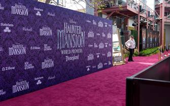 epa10748808 A red carpet is set up for the premiere of 'Haunted Mansion' in Anaheim, California, USA, 15 July 2023. This is the first premiere since SAG-AFTRA decided to go on strike after negotiations with AMPTP failed as they reached their 12 July 2023 deadline at midnight. Due to this strike, no cast members of the film showed up for the premiere.  EPA/ALLISON DINNER