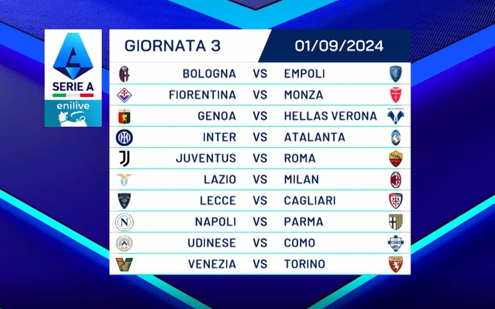 La terza giornata della Serie A 2024-2025