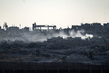 KFAR AZA, ISRAEL - JULY 17: Smoke rising from the ruined settlement in Gaza after the Israeli attacks, seen from Kfar Aza, Israel on July 17, 2024. (Photo by Mostafa Alkharouf/Anadolu via Getty Images)