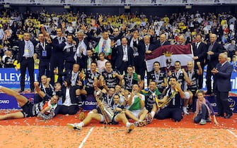 BOLZANO, ITALY - MARCH 27:  Trentino Betclic players celebrate victory during the cup presentation ceremony after the match to decide first and second place during the CEV Champions League Final Four match between Trentino Betclic (ITA) and Zenit Kazan (RUS) at PalaOnda on March 27, 2011 in Bolzano, Italy.  (Photo by Dino Panato/Getty Images)