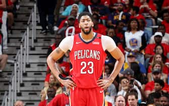 NEW ORLEANS, LA - MAY 6:  Anthony Davis #23 of the New Orleans Pelicans looks on against the Golden State Warriors during Game Four of the Western Conference Semifinals of the 2018 NBA Playoffs on May 6, 2018 at Smoothie King Center in New Orleans, Louisiana. NOTE TO USER: User expressly acknowledges and agrees that, by downloading and or using this Photograph, user is consenting to the terms and conditions of the Getty Images License Agreement. Mandatory Copyright Notice: Copyright 2018 NBAE (Photo by Layne Murdoch/NBAE via Getty Images)