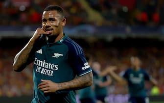 epa10898355 Gabriel Jesus of Arsenal celebrates after scoring the opening game during the UEFA Champions League Group B match between RC Lens and Arsenal London in Lens, France, 03 October 2023.  EPA/MOHAMMED BADRA