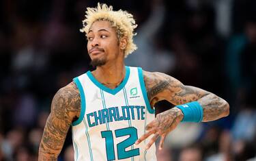 CHARLOTTE, NORTH CAROLINA - JANUARY 05: Kelly Oubre Jr. #12 of the Charlotte Hornets reacts after making a three point basket against the Detroit Pistons in the fourth quarter during their game at Spectrum Center on January 05, 2022 in Charlotte, North Carolina. NOTE TO USER: User expressly acknowledges and agrees that, by downloading and or using this photograph, User is consenting to the terms and conditions of the Getty Images License Agreement. (Photo by Jacob Kupferman/Getty Images)