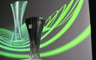 NYON, SWITZERLAND - NOVEMBER 7: A view of the trophy during the UEFA Europa Conference League 2022/23 Knock-out Round Play-offs draw at the UEFA Headquarters, The House of the European Football, on November 7, 2022, in Nyon, Switzerland. (Photo by Kristian Skeie  UEFA/UEFA via Getty Images).