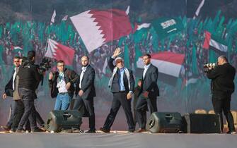 Yahya Sinwar, leader of the Palestinian Hamas Islamist movement take part in a rally organized to mark the movement's 35th founding anniversary.