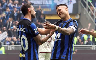 Inter Milan’s Hakan Calhanoglu (L) jubilates with his teammate Lautaro Martinez after scoring goal of 2 to 0 during the Italian serie A soccer match between Fc Inter  and Torino at  Giuseppe Meazza stadium in Milan, 28 April 2024.
ANSA / MATTEO BAZZI