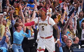 DENVER, CO - JUNE 12: Kentavious Caldwell-Pope #5 of the Denver Nuggets celebrates a three point basket against the Miami Heat during Game Five of the 2023 NBA Finals on June 12, 2023 at Ball Arena in Denver, Colorado. NOTE TO USER: User expressly acknowledges and agrees that, by downloading and or using this Photograph, user is consenting to the terms and conditions of the Getty Images License Agreement. Mandatory Copyright Notice: Copyright 2023 NBAE (Photo by Garrett Ellwood/NBAE via Getty Images)