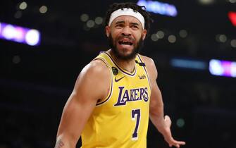 LOS ANGELES, CALIFORNIA - MARCH 03: JaVale McGee #7 of the Los Angeles Lakers reacts to a play against the Philadelphia 76ers during the first half at Staples Center on March 03, 2020 in Los Angeles, California. NOTE TO USER: User expressly acknowledges and agrees that, by downloading and or using this Photograph, user is consenting to the terms and conditions of the Getty Images License Agreement. (Photo by Katelyn Mulcahy/Getty Images)