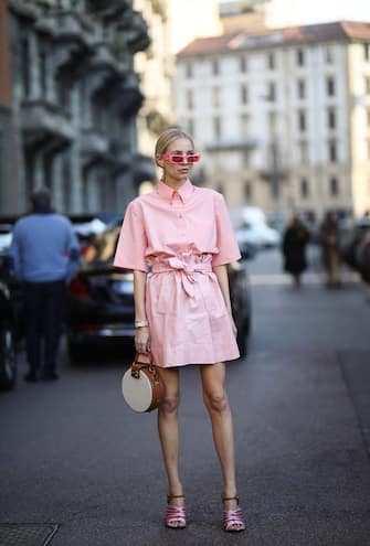 MILAN, ITALY - FEBRUARY 22: Leonie Hanne is seen wearing a Gucci sunglasses and hair clip and a rosa hair clip before Salvatore Ferragamo during Milan Fashion Week Fall/Winter 2020-2021 on February 22, 2020 in Milan, Italy. (Photo by Jeremy Moeller/Getty Images)