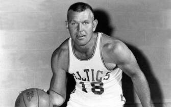 BOSTON - 1955: James Loscutoff #18 of the Boston Celtics poses for a mock action portrait in Boston, Massachusetts in 1955.
 NOTE TO USER: User expressly acknowledges and agrees that, by downloading and/or using this Photograph, user is consenting to the terms and conditions of the Getty Images License Agreement.  Mandatory Copyright Notice: Copyright 2005 NBAE (Photo by NBA Photo Library/NBAE via Getty Images)