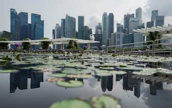 epa09164901 The skyline of the financial district is reflected in a lotus pond in Singapore, 28 April 2021.  The Monetary Authority of Singapore has forecasted a recovery of the country's economy, reporting up to a six per cent growth in its GDP.  EPA/WALLACE WOON