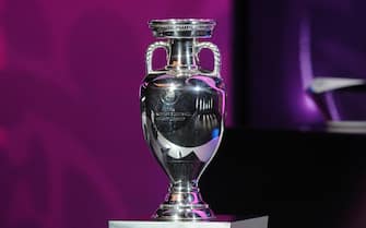 The European trophy stands on a plinth at the draw for the Euro 2012 football championships at the National Palace of Arts in Kiev on December 2, 2011. Defending champions Spain and 1968 winners Italy will clash in Group C of Euro 2012 after the draw for next year's finals was made here.
 AFP PHOTO / FRANCK FIFE / AFP / FRANCK FIFE        (Photo credit should read FRANCK FIFE/AFP via Getty Images)