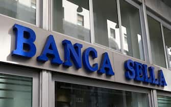 Milan, Italy - 22 February 2020: Banca Sella logo, the facade of the bank building on the streets of Milan