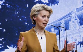 GRANSEE, GERMANY - MARCH 05: European Commission President Ursula von der Leyen attend a press conference after a retreat of the German government cabinet at Schloss Meseberg on March 5, 2023 near Gransee, Germany. The cabinet is holding the two-day retreat as Germany continues to face high inflation and Russia's war in Ukraine enters its second year. (Photo by Carsten Koall/Getty Images)