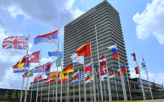 Flags of the 38 member states in front of the European Patent Office (EPO) near the city of The Hague in The Netherlands.