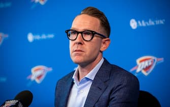OKLAHOMA CITY, OK - JULY 25: Oklahoma City Thunder General Manager Sam Presti speaks with media at the Thunder ION on July 25, 2019 in Oklahoma City, OK. NOTE TO USER: User expressly acknowledges and agrees that, by downloading and or using
this photograph, User is consenting to the terms and conditions of the Getty Images License
Agreement. Mandatory Copyright Notice: Copyright 2019 NBAE (Photo by Zach Beeker/NBAE via
Getty Images)