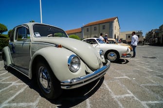 Maggiolini e alcuni Van degli anni '60 della Volkswagen esposti per un raduno presso il Museo nazionale ferroviario di Pietrarsa, Napoli, 20 giugno 2019. 
ANSA/CESARE ABBATE