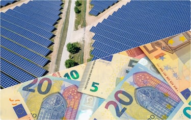 collage: pannello fotovoltaico e banconote 