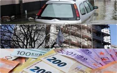 collage: macchina in un'alluvione, palazzo in ristrutturazione, banconote 