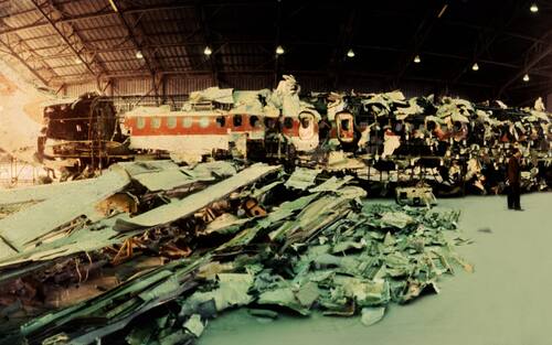 ROME, ITALY - OCTOBER 30: In a hangar of the military airport of Pratica di Mare (Rome) the reassembled of Itavia plane flight 870 which crashed on June 27th, 1980 is seen during a judicial inquiry on October 30, 1992 in Rome, Italy. On June 27th, 1980 the Itavia flight 870 which crashed between the islands of Ponza and Ustica killing all 81 people on board. This event led to many investigations, accusations and misdirections, and continues to be a source of controversy in the country. (Photo by Franco Origlia/Getty Images)