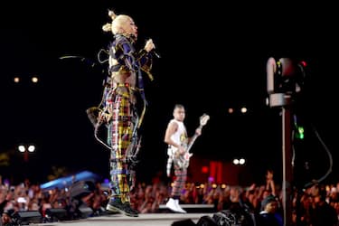 INDIO, CALIFORNIA - APRIL 13: (FOR EDITORIAL USE ONLY) Gwen Stefani and Tony Kanal of No Doubt perform at the Coachella Stage during the 2024 Coachella Valley Music and Arts Festival at Empire Polo Club on April 13, 2024 in Indio, California. (Photo by Arturo Holmes/Getty Images for Coachella)