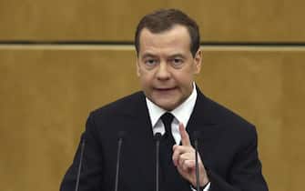 epa07511574 Russian Prime Minister Dmitry Medvedev presents his report on the government work at the Russian State Duma in Moscow, Russia, 17 April 2019. Medvedev appeared at the State Duma to present his report on the government activity in 2018.  EPA/MAXIM SHIPENKOV