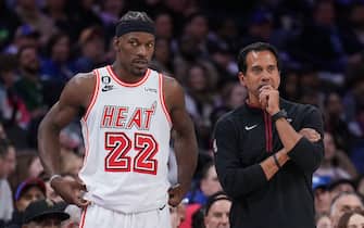 PHILADELPHIA, PA - FEBRUARY 27: Jimmy Butler #22 and Erik Spoelstra of the Miami Heat look on against the Philadelphia 76ers on February 27, 2023 at the Wells Fargo Center in Philadelphia, Pennsylvania. NOTE TO USER: User expressly acknowledges and agrees that, by downloading and/or using this Photograph, user is consenting to the terms and conditions of the Getty Images License Agreement. Mandatory Copyright Notice: Copyright 2023 NBAE (Photo by Jesse D. Garrabrant/NBAE via Getty Images)