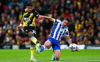 Watford's Matheus Martins attempts a shot at Goal during the Sky Bet Championship match at Vicarage Road, Watford. Picture date: Saturday October 21, 2023.