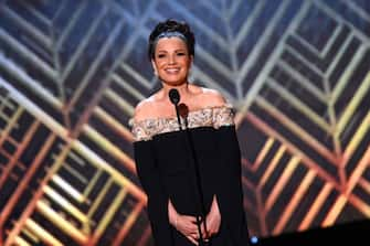 SAG-AFTRA President Fran Drescher speaks onstage during the 28th Annual Screen Actors Guild (SAG) Awards at the Barker Hangar in Santa Monica, California, on February 27, 2022. (Photo by Patrick T. FALLON / AFP) (Photo by PATRICK T. FALLON/AFP via Getty Images)