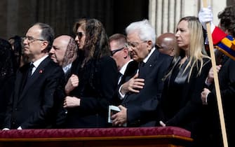 epa12055913 A handout photo made available by the Quirinal Presidential Palace (Palazzo del Quirinale) Press Office shows Italian President Sergio Mattarella (2-R) attending the funeral Mass of Pope Francis in Saint Peter's Square, Vatican City, 26 April 2025. Pope Francis passed away on Easter Monday, 21 April 2025, at the age of 88.  EPA/PAOLO GIANDOTTI/QUIRINALE PALACE PRESS OFFICE/HANDOUT HANDOUT EDITORIAL USE ONLY/NO SALES