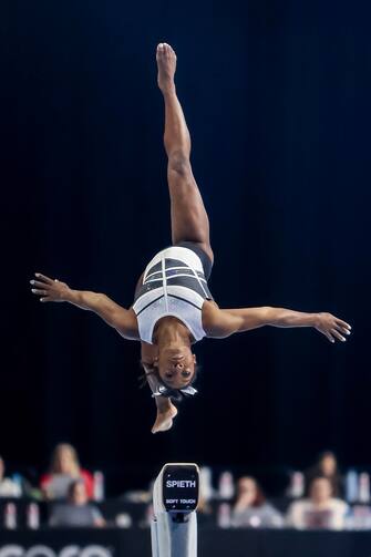 epa10786854 US artistic gymnast Simone Biles practices before the Core Hydration Classic at the NOW Arena in Hoffman Estates, Illinois, USA, 05 August 2023. Biles is returning to competition after a two-year break after the Tokyo Olympics.  EPA/ALEX WROBLEWSKI