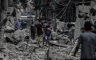 GAZA, GAZA - OCTOBER 28: Settlements and workplaces are heavily damaged as Israeli attacks continue on Gaza on October 28, 2023. (Photo by Ali Jadallah/Anadolu via Getty Images)