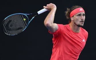 epa11853850 Alexander Zverev of Germany in action during the Men's Singles final match against Jannik Sinner of Italy at the Australian Open Grand Slam tennis tournament in Melbourne, Australia, 26 January 2025.  EPA/JOEL CARRETT  AUSTRALIA AND NEW ZEALAND OUT