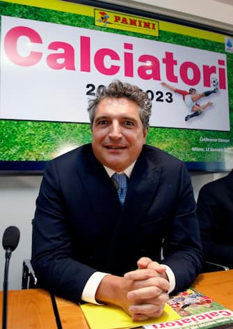 L'Amministratore Delegato della Lega Serie A Luigi De Siervo partecipa alla presentazione dell'album delle figurine dei calciatori Panini 2022-2023 presso la sede della Lega Calcio in via Rosellini a Milano, 12 gennaio 2023.ANSA/MOURAD BALTI TOUATI