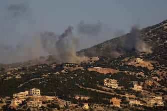 (231015) -- BEIRUT, Oct. 15, 2023 (Xinhua) -- This photo taken in the Lebanese town of Al-Marion shows smoke billowing following an Israeli missile bombardment on the town of Shebaa in southeast Lebanon, Oct. 14, 2023. A fighter with Hezbollah, a Lebanese military group, was killed in the Israeli attacks that targeted the Shebaa Farms on Saturday afternoon, a statement by the Shiite group reported.
   Moreover, a Lebanese man and his wife were killed after several Israeli artillery shells targeted their house on the outskirts of the town of Shebaa in southeast Lebanon, as fire exchange intensified between Hezbollah and Israeli forces on the Shebaa-Kfarchouba axis, Lebanese military sources told Xinhua. (Photo by Ali Hashisho/Xinhua) - Ali Hashisho -//CHINENOUVELLE_CHINENOUVERLLE0479/Credit:CHINE NOUVELLE/SIPA/2310151234