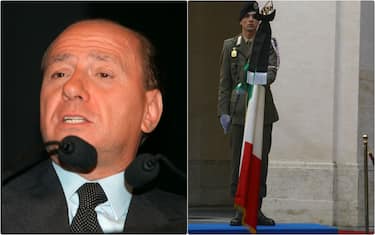 Collage di Berlusconi e bandiera a lutto 