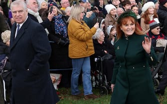 Britain's Prince Andrew, Duke of York (L) and Sarah, Duchess of York (R) arrive for the Royal Family's traditional Christmas Day service at St Mary Magdalene Church on the Sandringham Estate in eastern England, on December 25, 2023. (Photo by Adrian DENNIS / AFP)